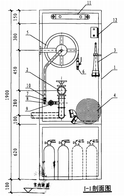 丙型带应急照明及灭火器箱组合式消防柜(I-I剖面图)