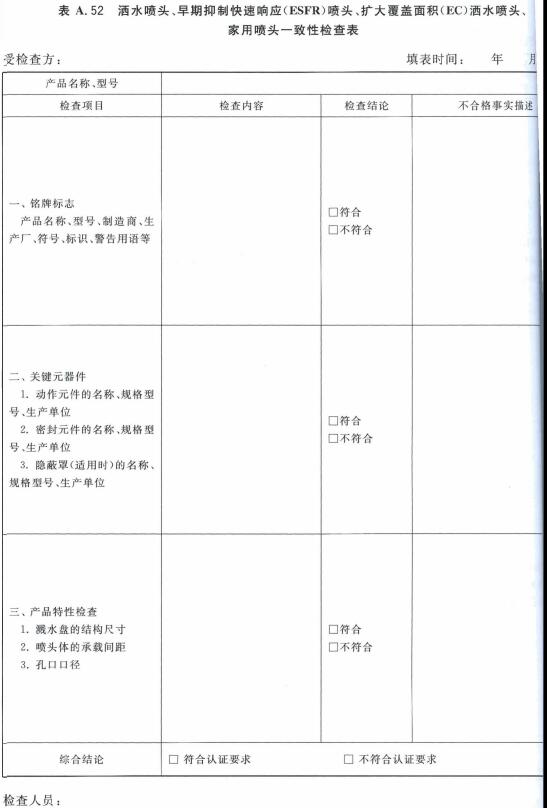 洒水喷头、早期抑制快速响应(ESFR)喷头、扩大覆盖面积(EC)洒水喷头、家用喷头一致性检查表