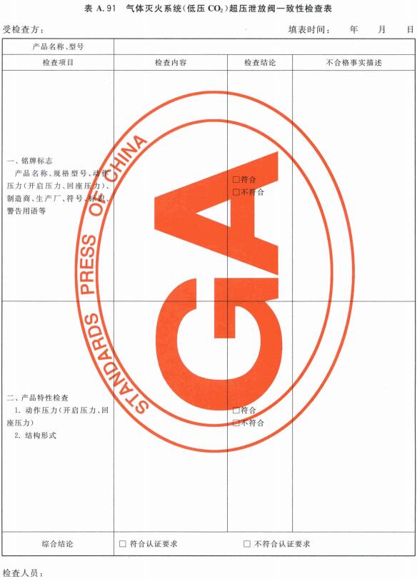 气体灭火系统(低压CO2)超压泄放阀一致性检查表
